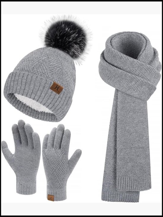 Warm Knit Beanie Scarf Gloves Set with Fleece Lining Touchscreen Gloves main image 7